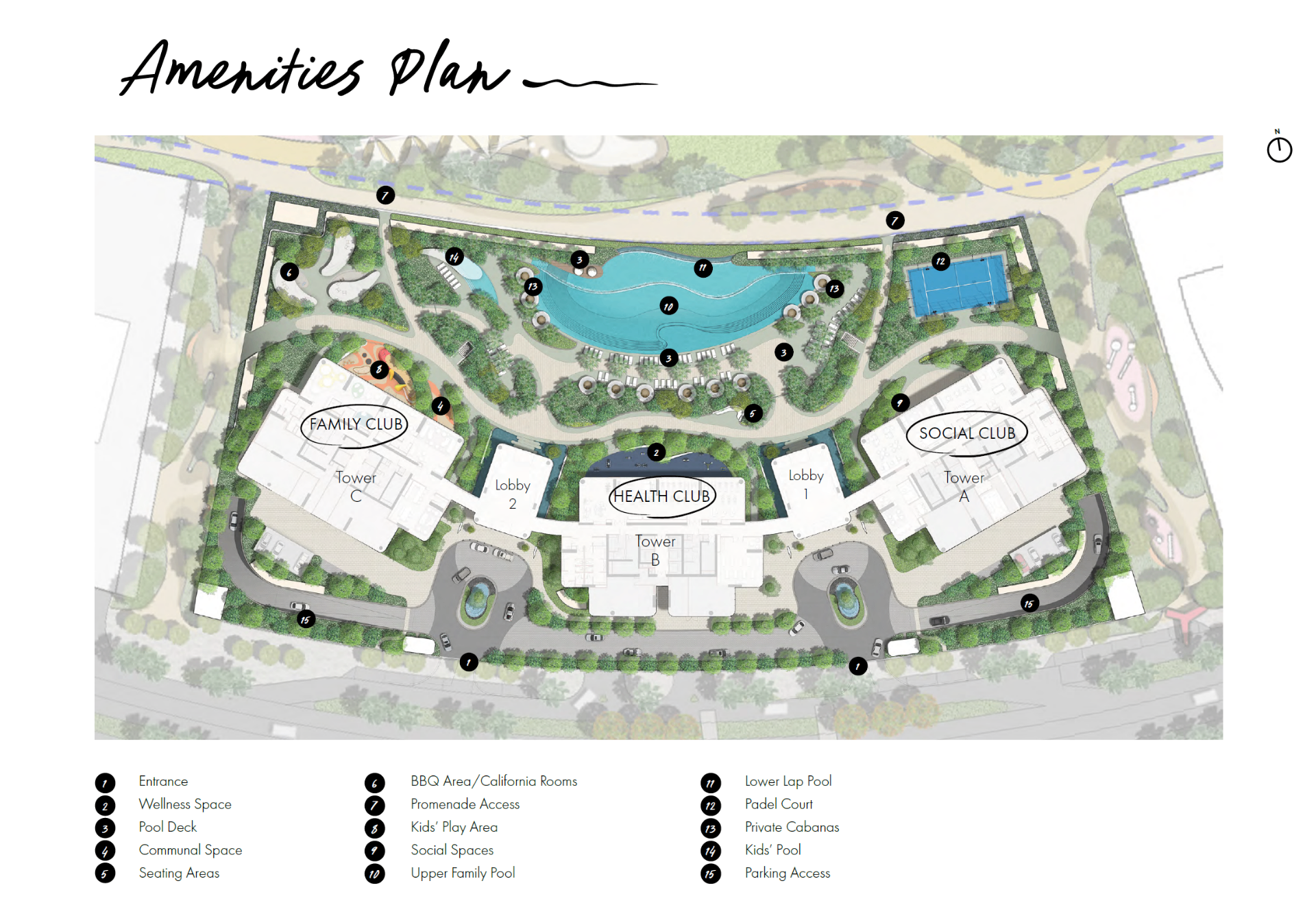 The Edit at d3 amenities plan showing pools, clubs, and recreational facilities