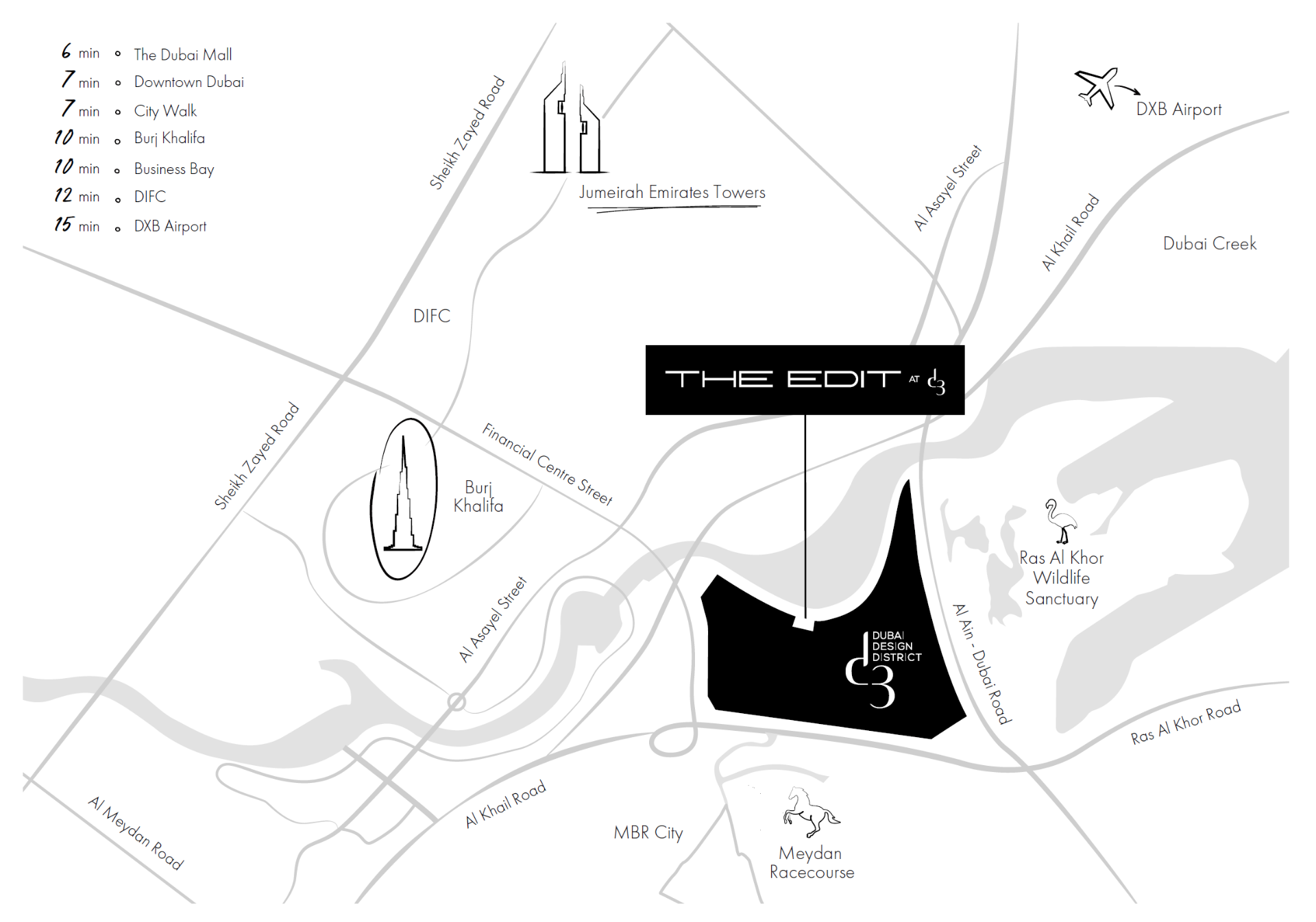 The Edit at d3 location map showing proximity to Dubai landmarks